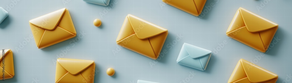 Poster colorful envelopes scattered on a soft blue surface, creating a vibrant and playful composition idea