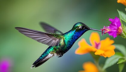 Fototapeta premium Close-up of a graceful hummingbird hovering near a bright flower