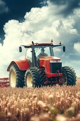 Obraz premium Red Tractor Plowing Golden Field Under Dramatic Cloudy Sky, Agriculture, Farming Concept.