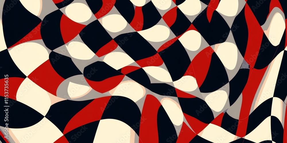 Poster background features a corkscrew checkerboard design in bold red, deep black, and bright white colors