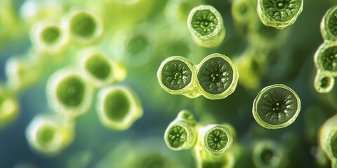 Freshwater microalgae, specifically Botryococcus sp., are notable for their lipid production. This unique microalgae can be efficiently processed into biodiesel. Captured in a stacked photo format,