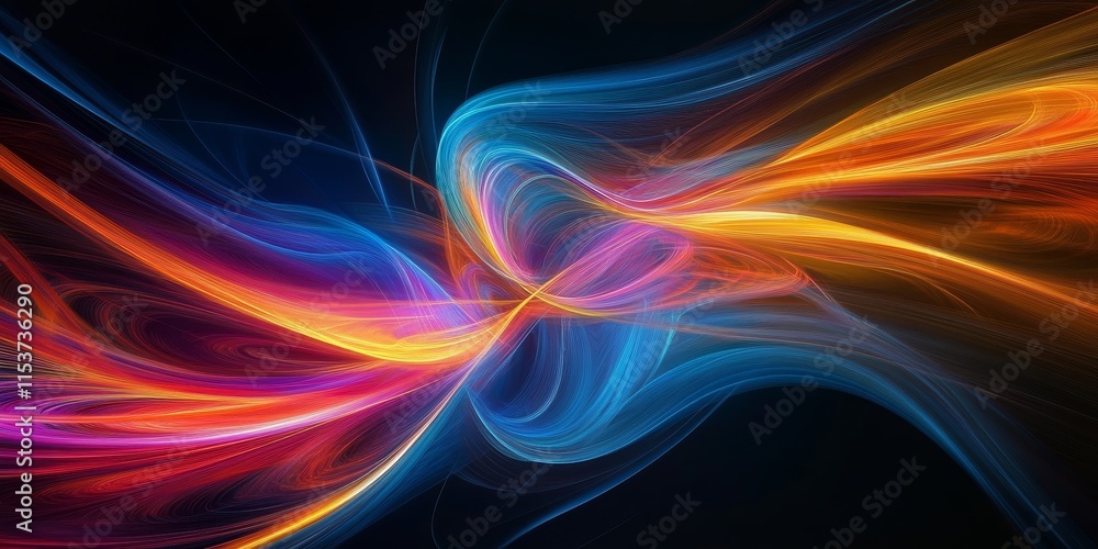 Poster multicolor glowing lines create an abstract fractal wave, showcasing dynamic motion and vibrant colo