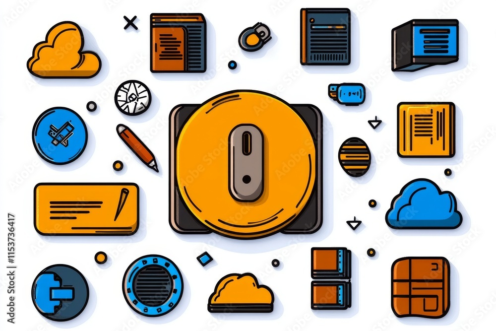 Poster A playful flat design of an HDD surrounded by icons of data storage, clouds, and file backups, drawn in bold colors