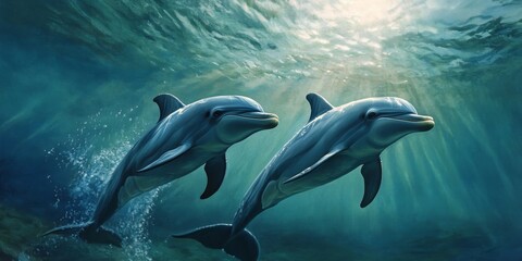 Obraz premium A pair of dolphins gracefully swimming underwater, showcasing their playful nature and agility in the serene aquatic environment, emphasizing the beauty of dolphins in their natural habitat.