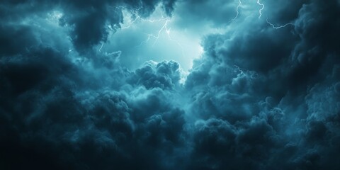 Dramatic sky overlays featuring a dark, blue cloudy sky, showcasing intense weather with lightning. Experience the power of rain and thunderstorms in a dramatic sky setting.