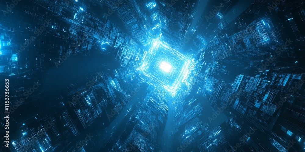 Poster futuristic space technology is illuminated in a captivating blue glow, creating a mesmerizing abstra