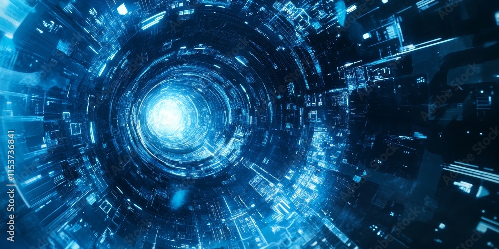 Poster futuristic space technology is illuminated in a captivating blue glow, creating a mesmerizing abstra