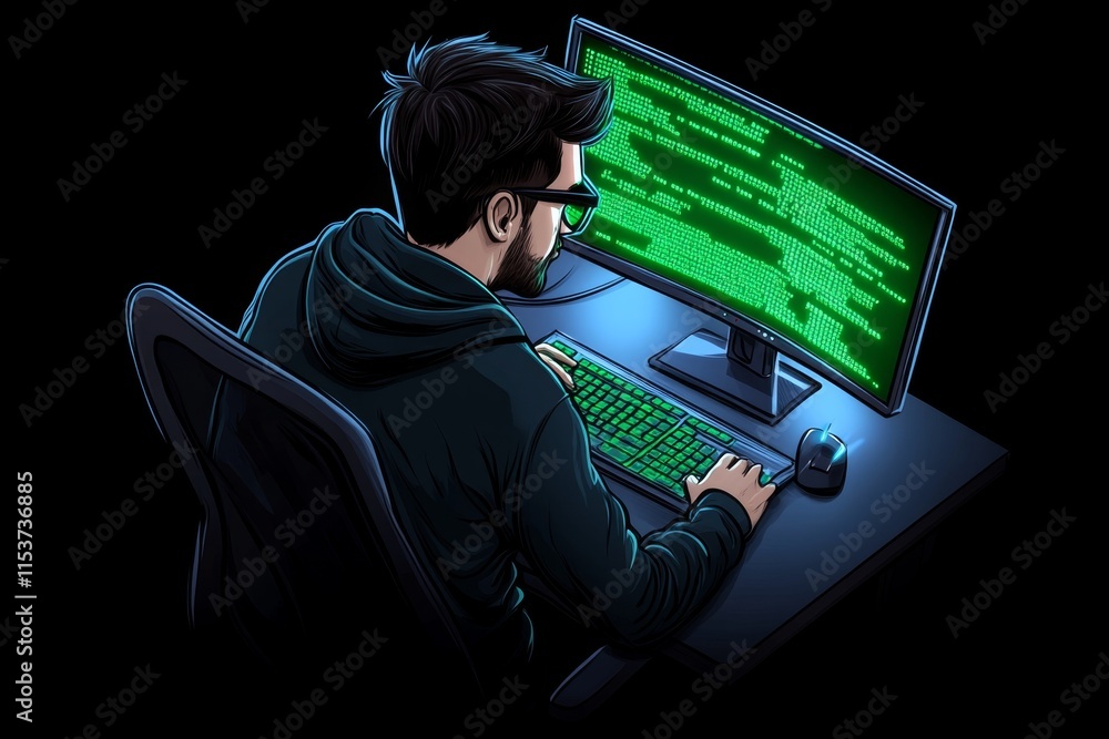 Poster A retro pixel art coder working at a desk with green code flowing on an old CRT monitor, surrounded by blocky charts and graphs