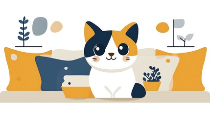 Cute calico kitten sitting on couch with pillows and plants.