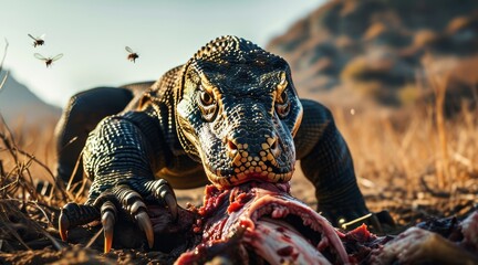 Komodo Dragon Feasting on Its Prey  .