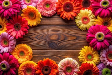 Vibrant Gerbera Daisy Frame Macro Photography: Mahogany Table Wide-Angle Shot
