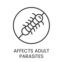 A vector linear icon of a circle with a zoomed view of a parasite silhouette, representing the effect on adult parasites with an editable stroke