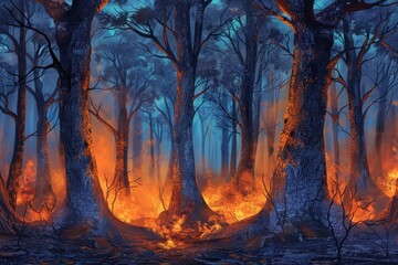 Burning Forest With Tall Trees and Smoke
