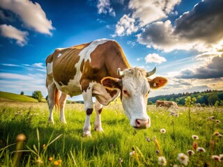 White and Brown Cow Wide-Angle Photography: Pastoral Scene, Farm Animals, Rural Landscape