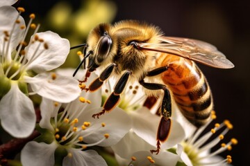 Close-up of a honeybee perched on a white flower, showcasing the intricate details of its wings and body