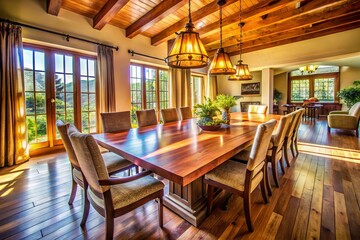 Wide-Angle Photography of Rustic Wooden Dining Tables:  Interior Design, Farmhouse Style, Family Gathering