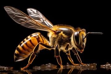 Focused view of a honeybee's wings in mid-flap, capturing the transparent veining and movement