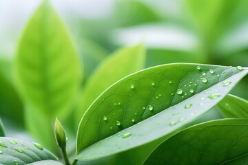 Macro shot of glossy green leaves with natural textures and a soft bokeh effect isolated on white background