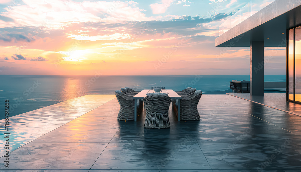 Poster beautiful view of the ocean with a table and chairs set up for a dinner party. the table is surround
