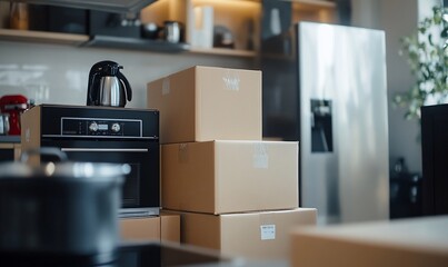 A modern kitchen with stacked boxes and appliances, indicating unpacking or moving.