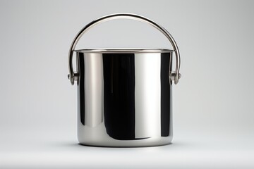 Traditional stainless steel milk pail with a polished surface and a sturdy handle, set against a plain white backdrop