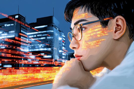 A soft watercolor painting of a programmer sitting under soft lighting, surrounded by glowing lines of colorful code