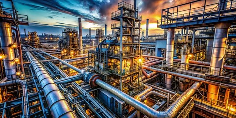 Fototapeta premium Worm's Eye View: Industrial Complex Pipes and Machinery - Aerial Perspective