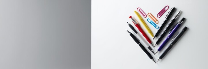 Creative Valentine's day background. Heart made from colored stationery items. Heart background. Minimal concept, top view. Copyspace for text banner