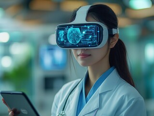 A Woman in a Lab Coat Engaged with Augmented Reality through VR Glasses, Exploring Innovative Concepts in a Modern Research Environment