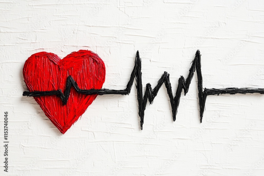 Poster A stylized flat design of a heart with a heartbeat line running through it, drawn in bold red and black lines on a white background
