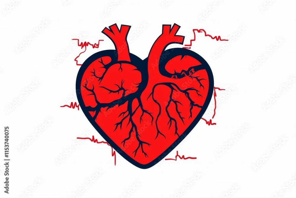 Poster a stylized flat design of a heart with a heartbeat line running through it, drawn in bold red and bl