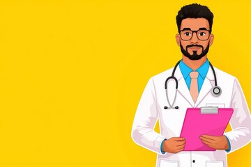 A stylized flat design of a doctor holding a clipboard, drawn in bright primary colors with simple shapes