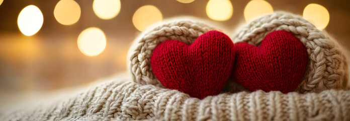 Knitted red hearts on cozy knitted beige fabric with soft bokeh lights.