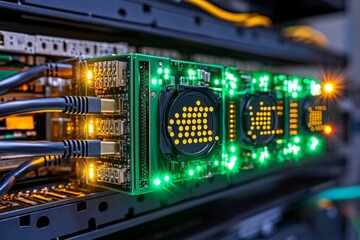 Obraz premium A top-down view of an HDD mounted inside a server rack, surrounded by cables and blinking indicator lights