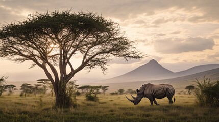 A solitary rhino grazing under an acacia tree in the savannah, with mountains and sunrise in the...