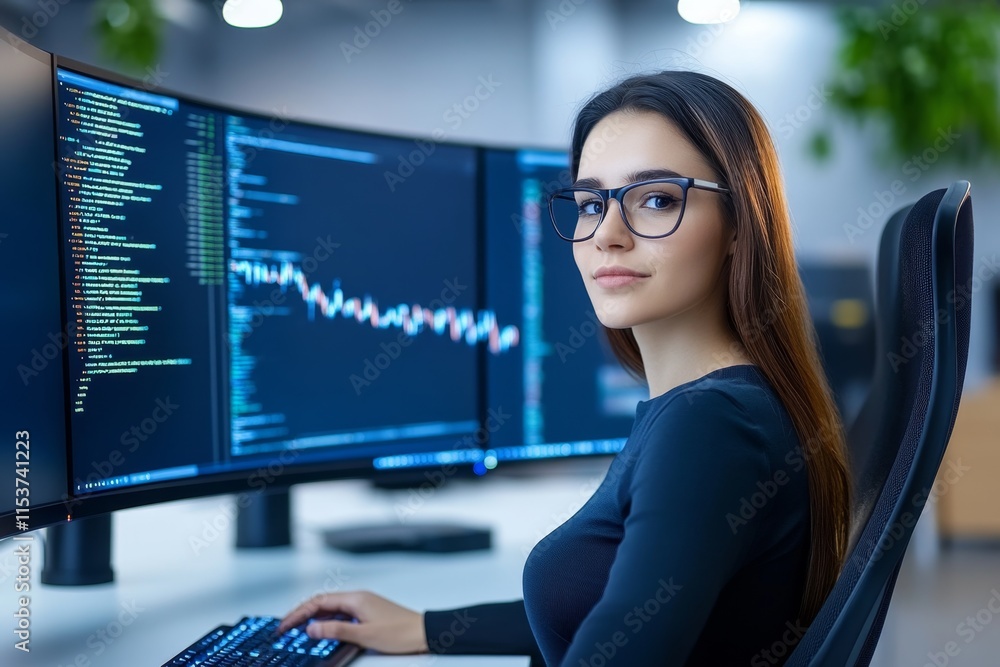 Aufkleber A woman coding algorithms for stock market predictions, surrounded by technical books, data charts, and monitors in a tech hub