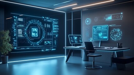 A high-tech home office with AR/VR setups, holographic monitors, and a sleek, minimalistic design, radiating productivity