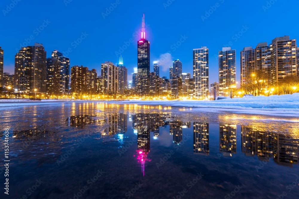 Aufkleber an hdr cityscape at night, with skyscrapers glowing in neon colors and a sharp reflection of the sky