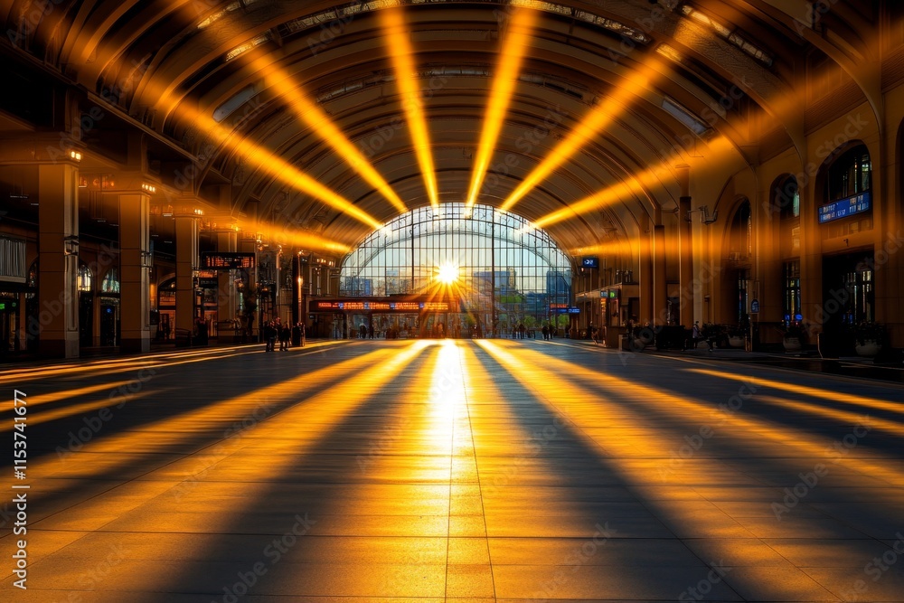 Poster an hdr image of a bustling train station with beams of light cutting through the high arched ceiling