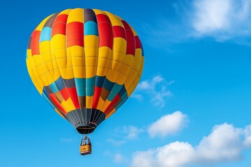 Fototapeta premium An HDR close-up of a colorful hot air balloon with detailed stitching and vibrant panels against a bright blue sky