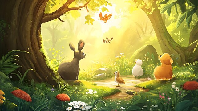 Vibrant Children's Book Cover Illustration Featuring Diverse Characters Playing Joyfully Outdoors