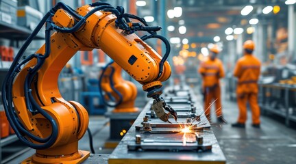 Robotic Arm in a Factory with Workers in Safety Gear .