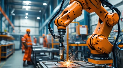 Robotic Arm in a Factory with Workers in Safety Gear  .