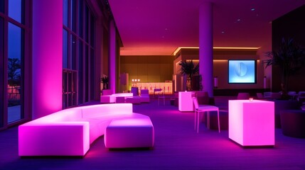 Stylish lounge illuminated by vibrant pink neon lights, with sleek seating creating a fun nightlife vibe.