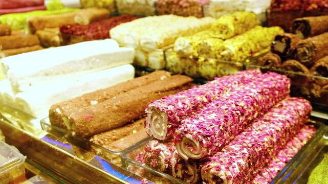 Stacks of turkish delights at traditional turkish confectionery