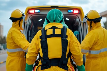 An emergency medical team loading a patient into an ambulance with flashing lights, symbolizing critical care