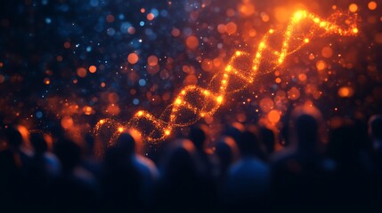 Glowing DNA helix rising above crowd.