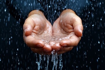 Fototapeta premium Hands cupped together, holding clear, fresh water, with drops falling in slow motion against a dark background