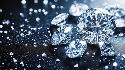 Fototapeta premium Brilliant and dazzling diamond on a dark reflective background. Luxurious gemstone shining with elegance, clarity, and beauty. Perfect symbol of wealth, sophistication, and timeless style