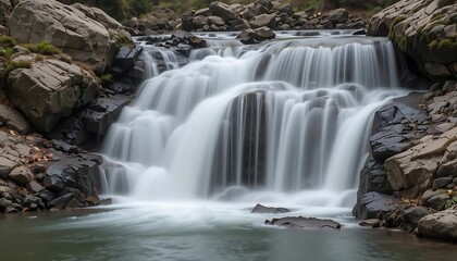 Obraz premium Serene Waterfall Cascading Over Rocky Terrain
